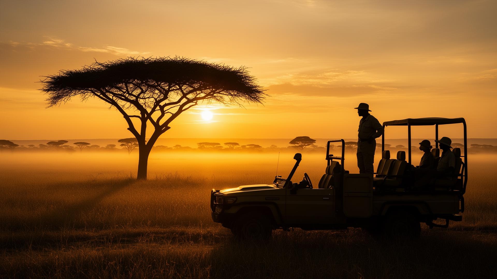 Safari guide and guest watching sunrise over the savanna